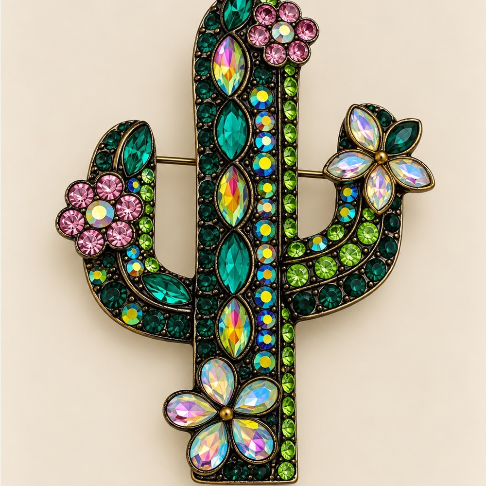 Vintage Colorful Rhinestone Cactus Brooch